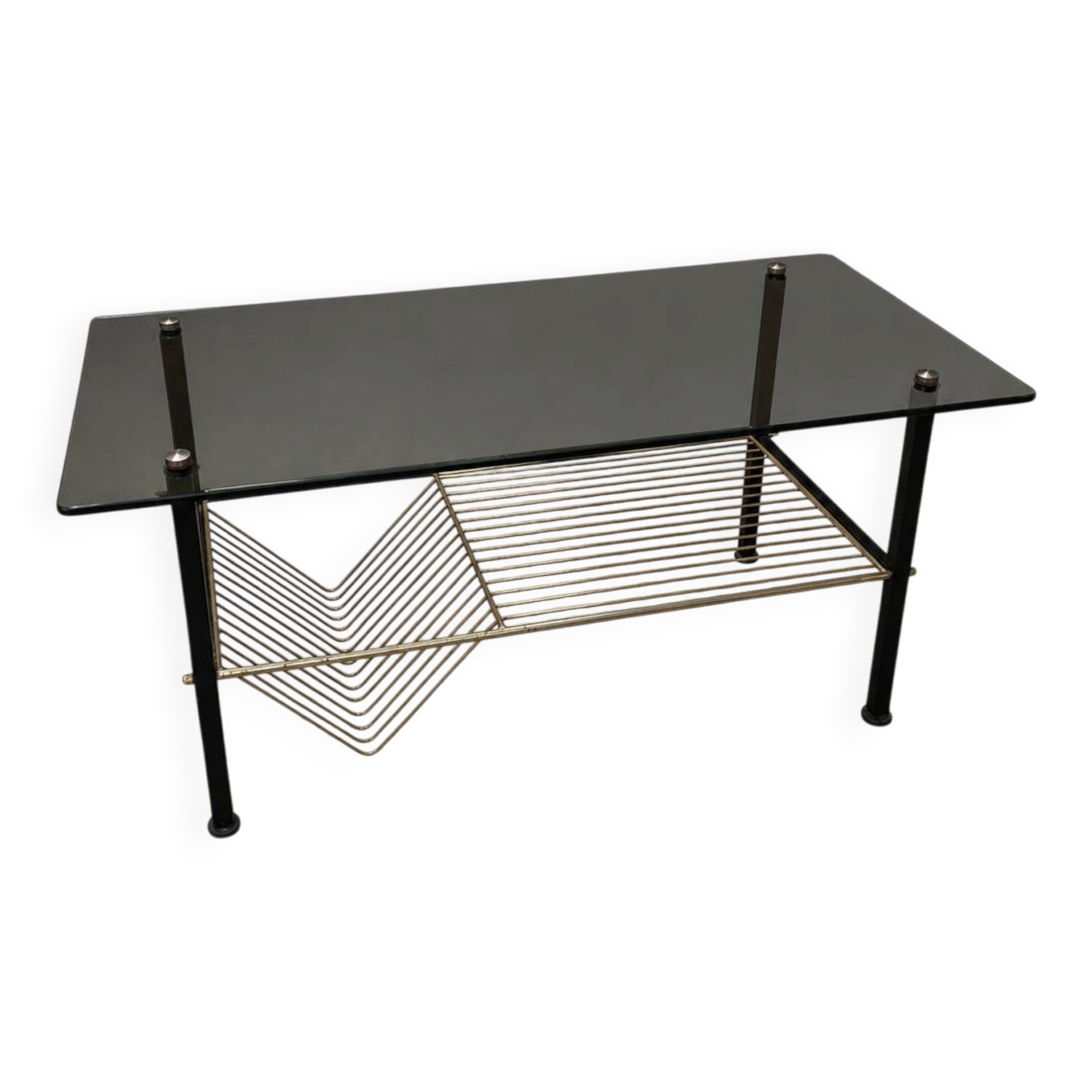 Table basse vintage verre fumé, métal noir et laiton — années 70