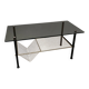 Table basse vintage verre fumé, métal noir et laiton — années 70