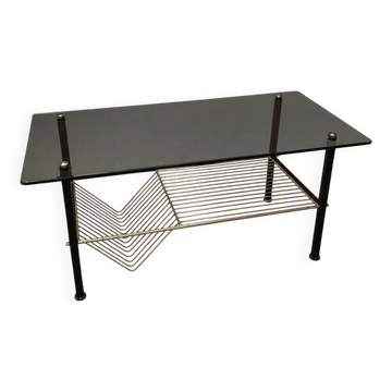 Vintage coffee table with smoked glass, black metal and brass — 1970s