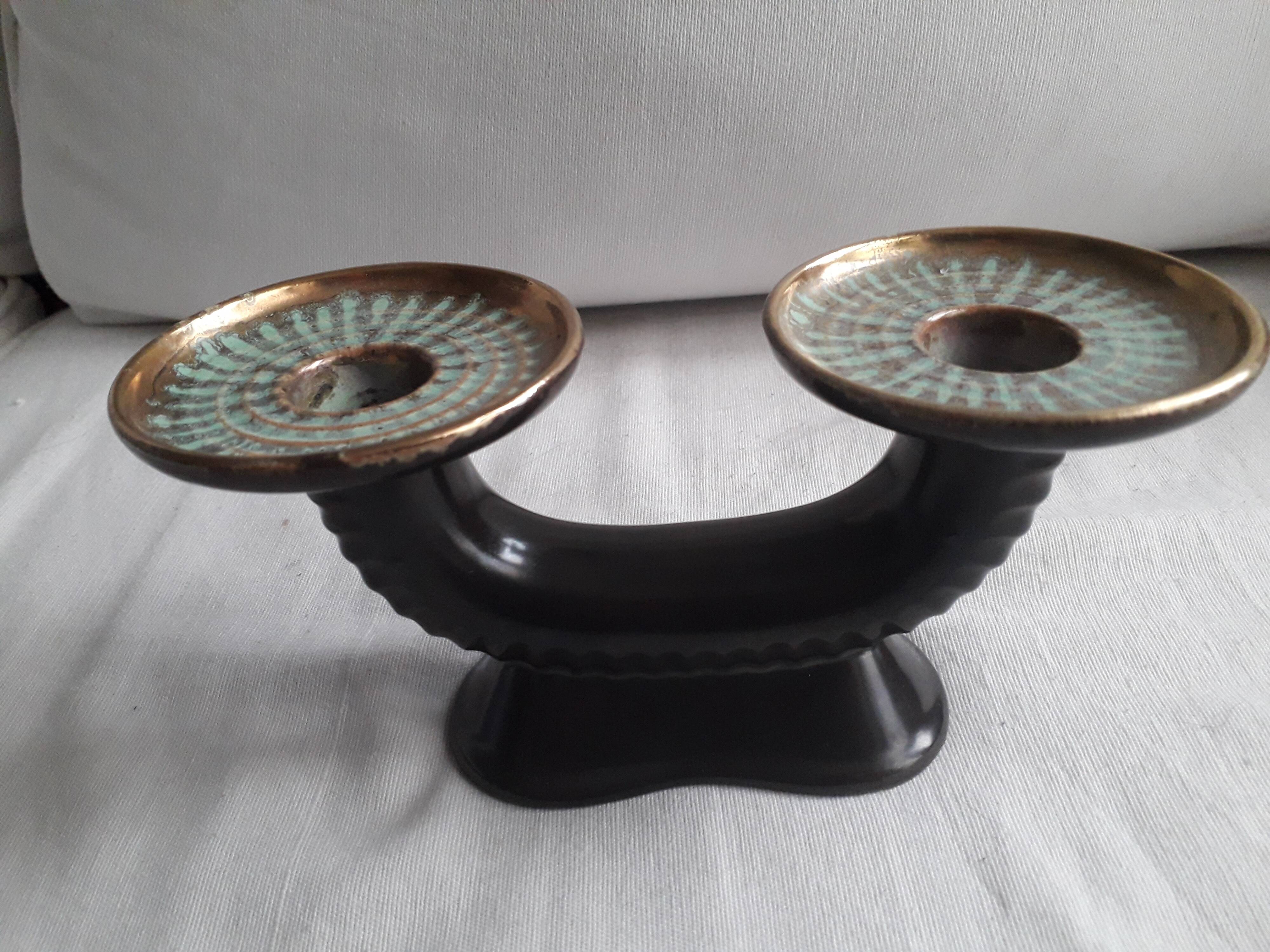 Vintage candle holder with 2 branches in Vallauris ceramic