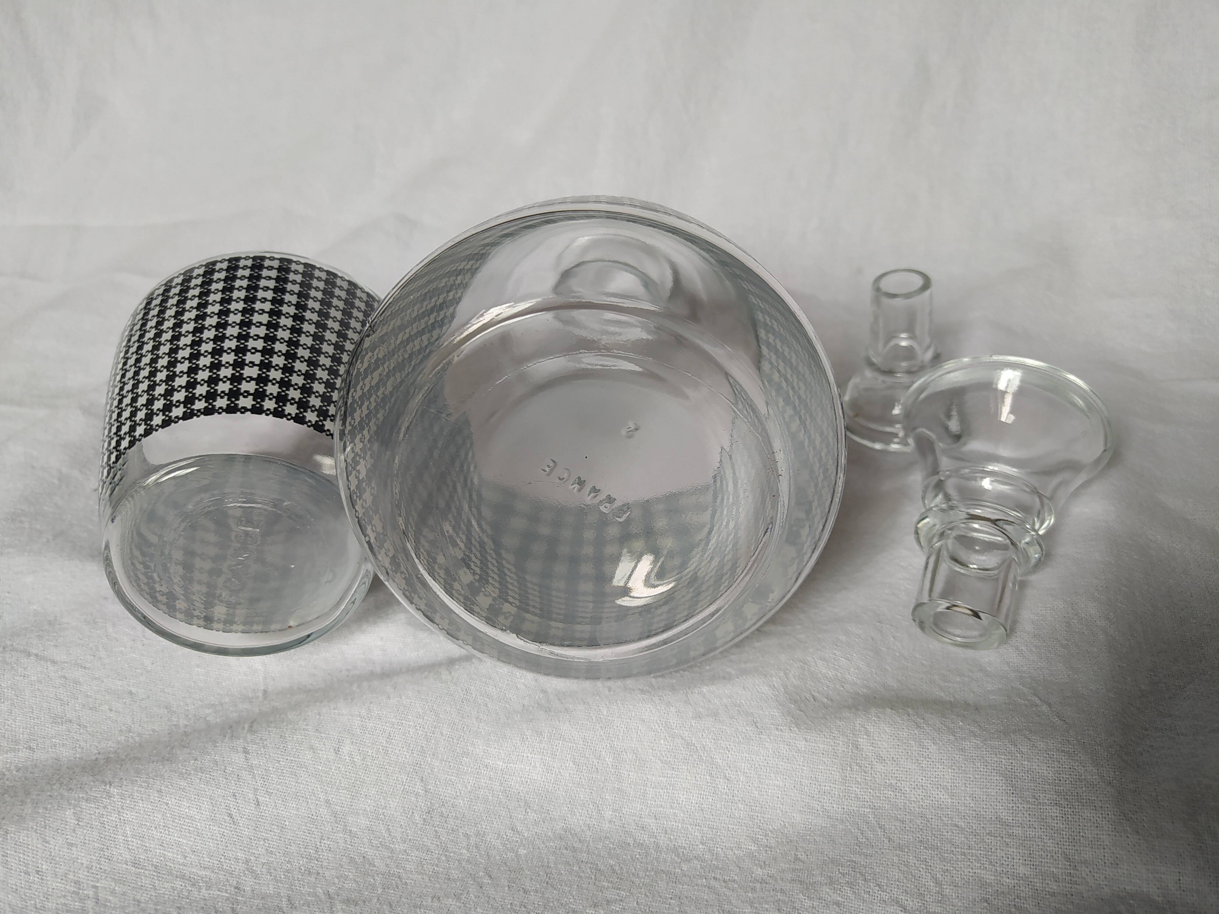 Set of 2 black and white houndstooth glass carafes from the Arques crystal factory. Rare.