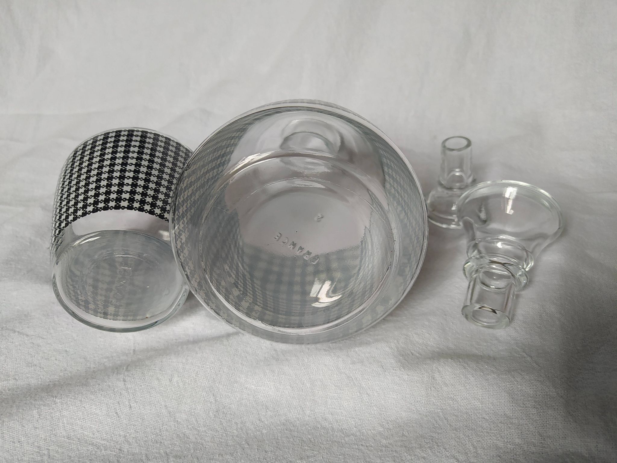 Set of 2 black and white houndstooth glass carafes from the Arques crystal factory. Rare.