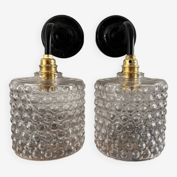 Pair of “bubbled” glass wall lights