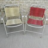 Pair of folding chairs in aluminum and scoubidou from the 70s