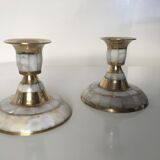 Set of 2 mother-of-pearl candlesticks and brass