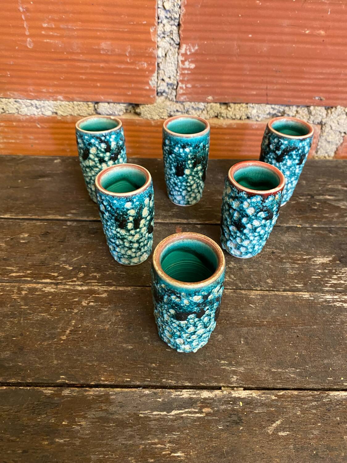 Set of 6 antique cyclops liqueur glasses by charles cart, fat lava ceramic