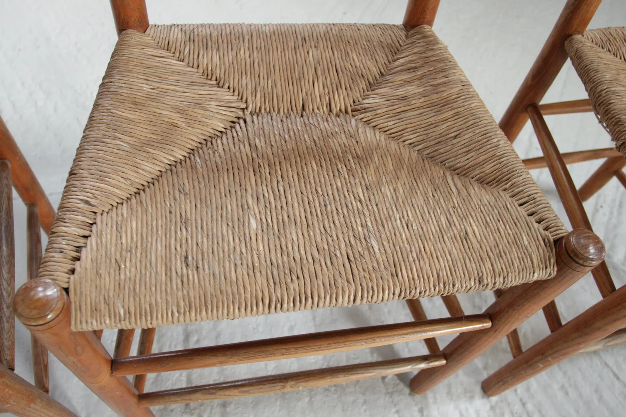 Set of 4 old Dutch oak ladderback chairs with rush seats – 1960s