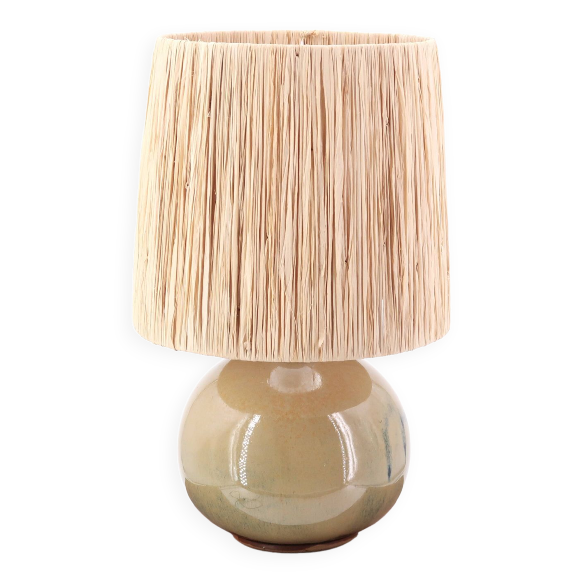 Lampe en céramique beige, abat jour en raphia, années 70