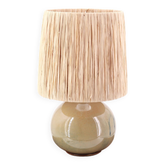 Lampe en céramique beige, abat jour en raphia, années 70