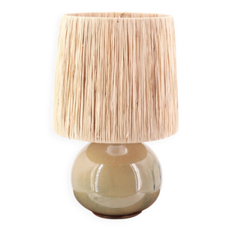Beige ceramic lamp, raffia lampshade, 1970s