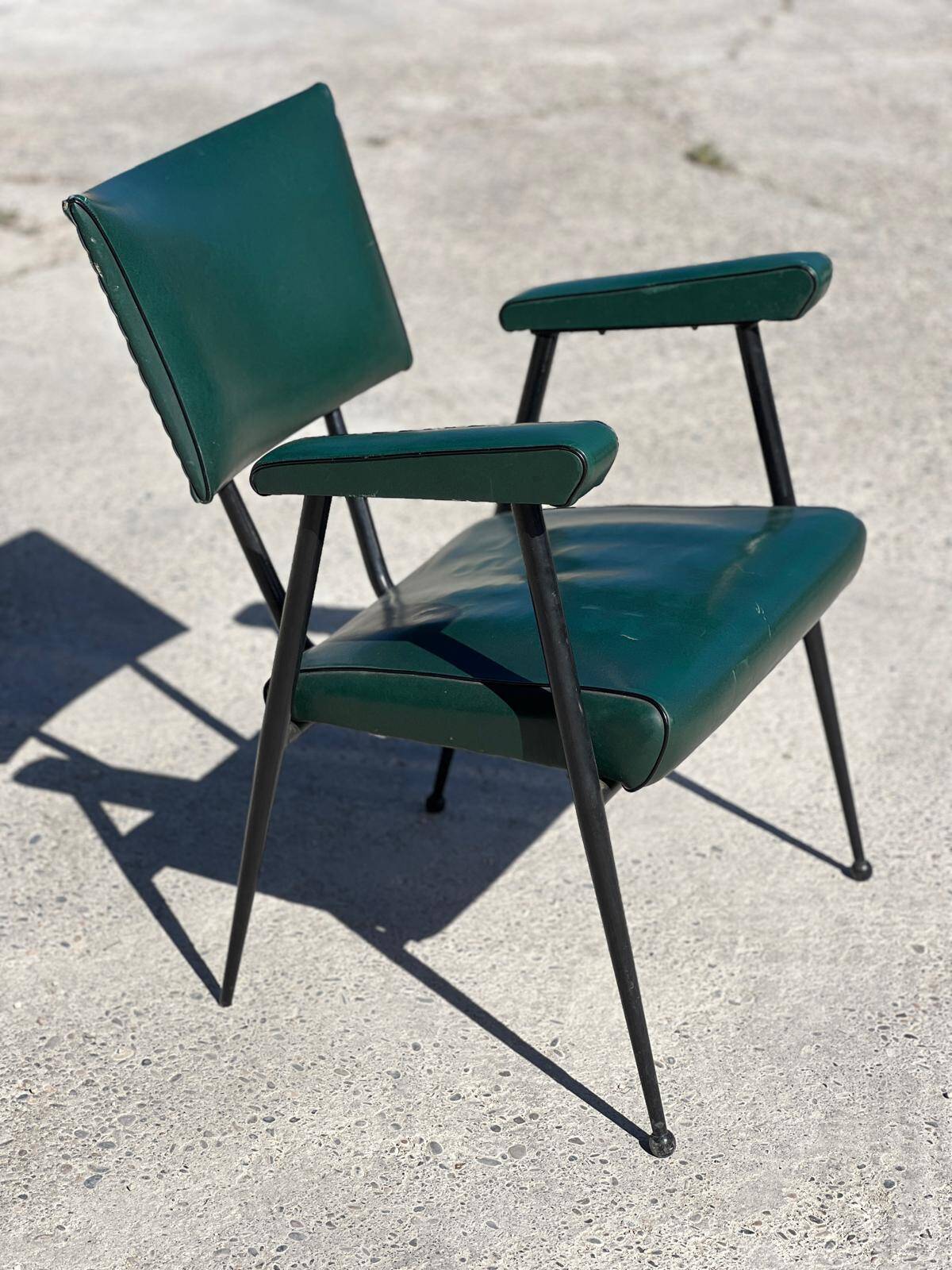 Rare green leatherette armchair, by "Colette Gueden", designer from the 1950s