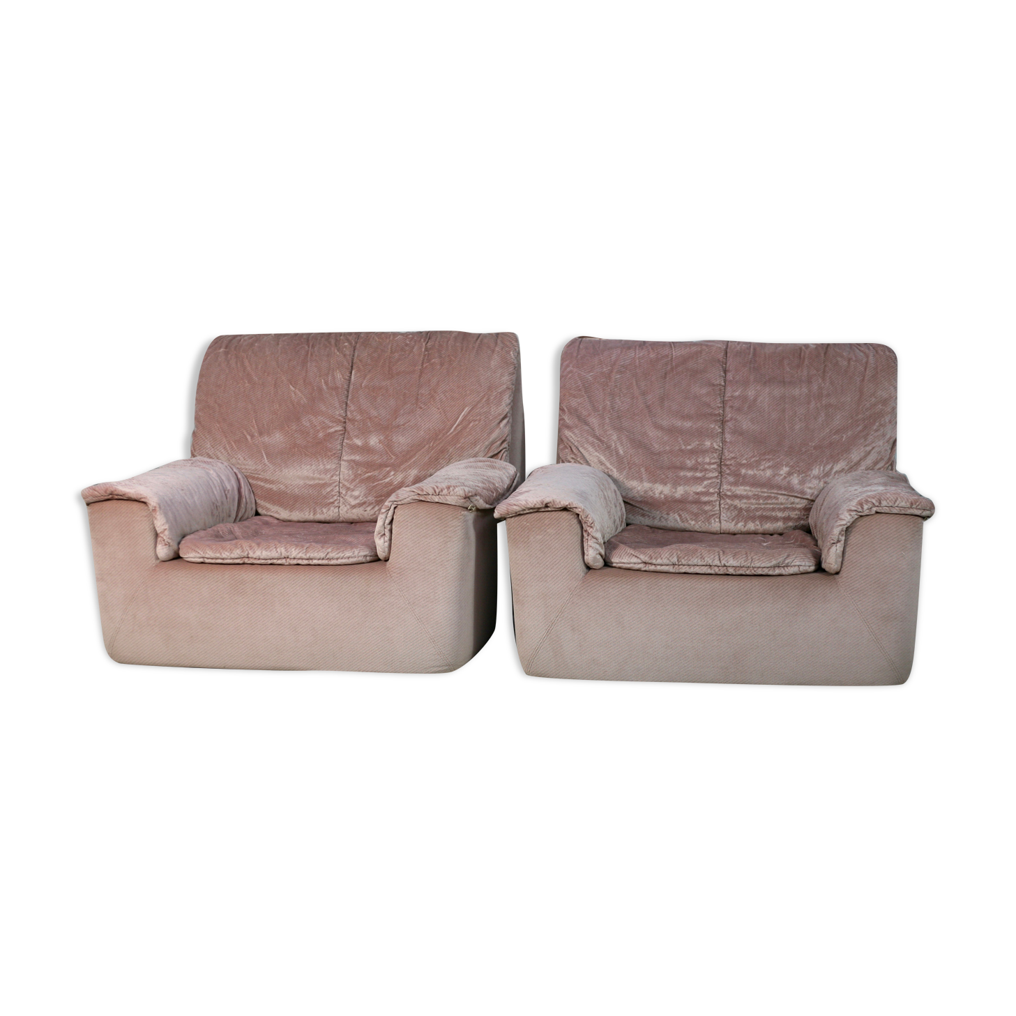 Cinna, pair of armchairs foam and velvet ras pink pale, France, circa 1970