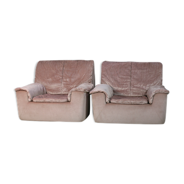Cinna, pair of armchairs foam and velvet ras pink pale, France, circa 1970