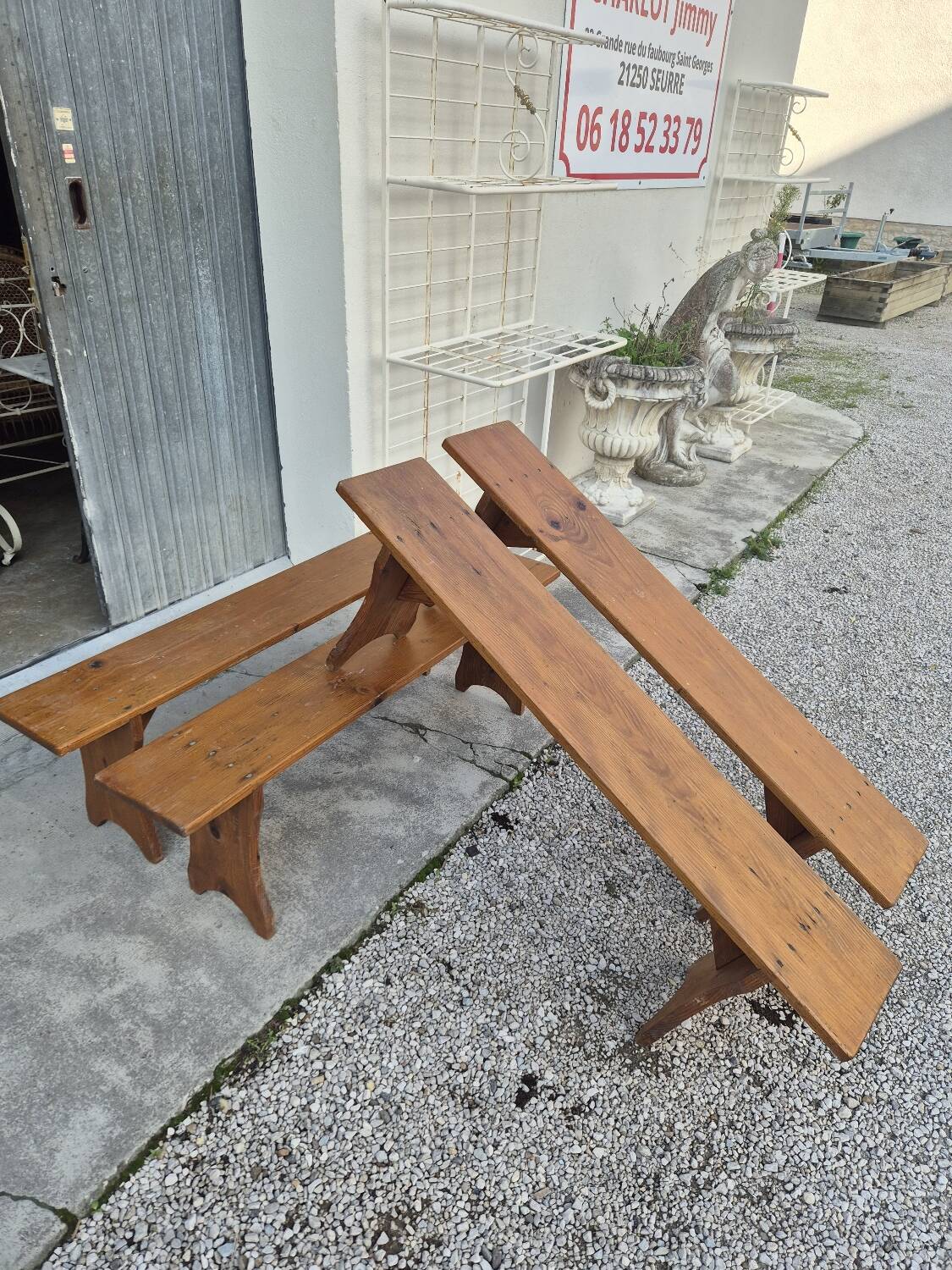 Set of 4 farm benches in old fir 1950s - 1m30