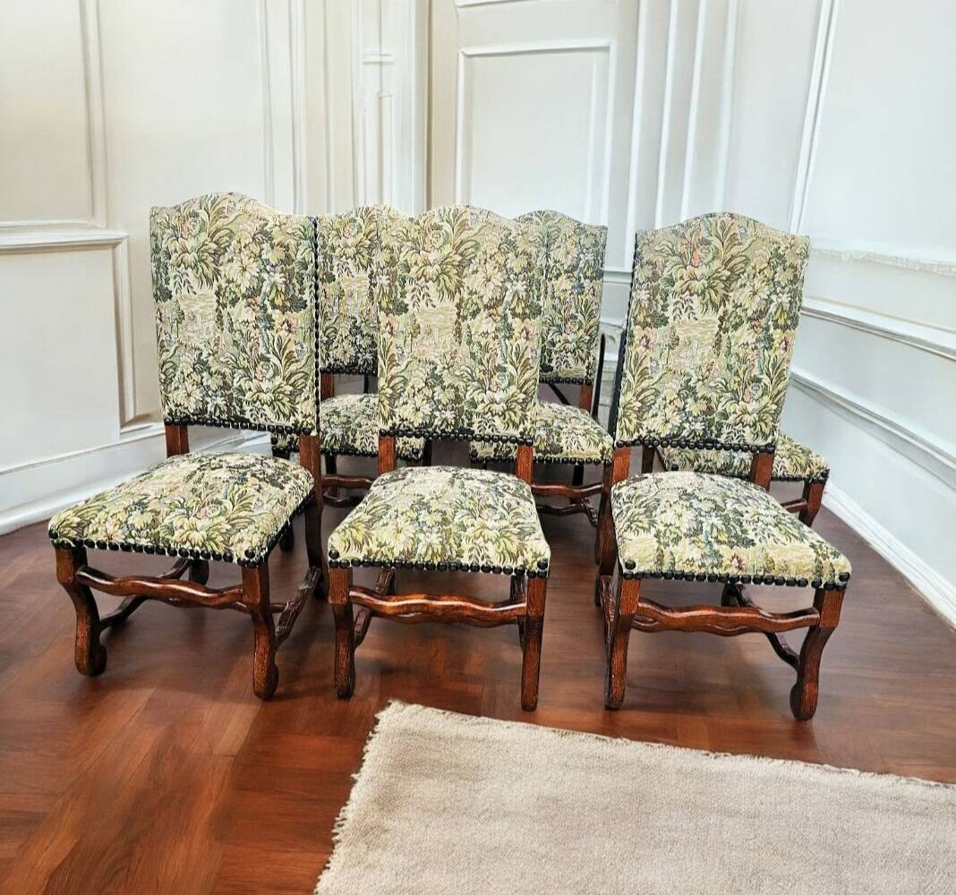6 Louis XV style solid wood chairs with jacquard upholstery.