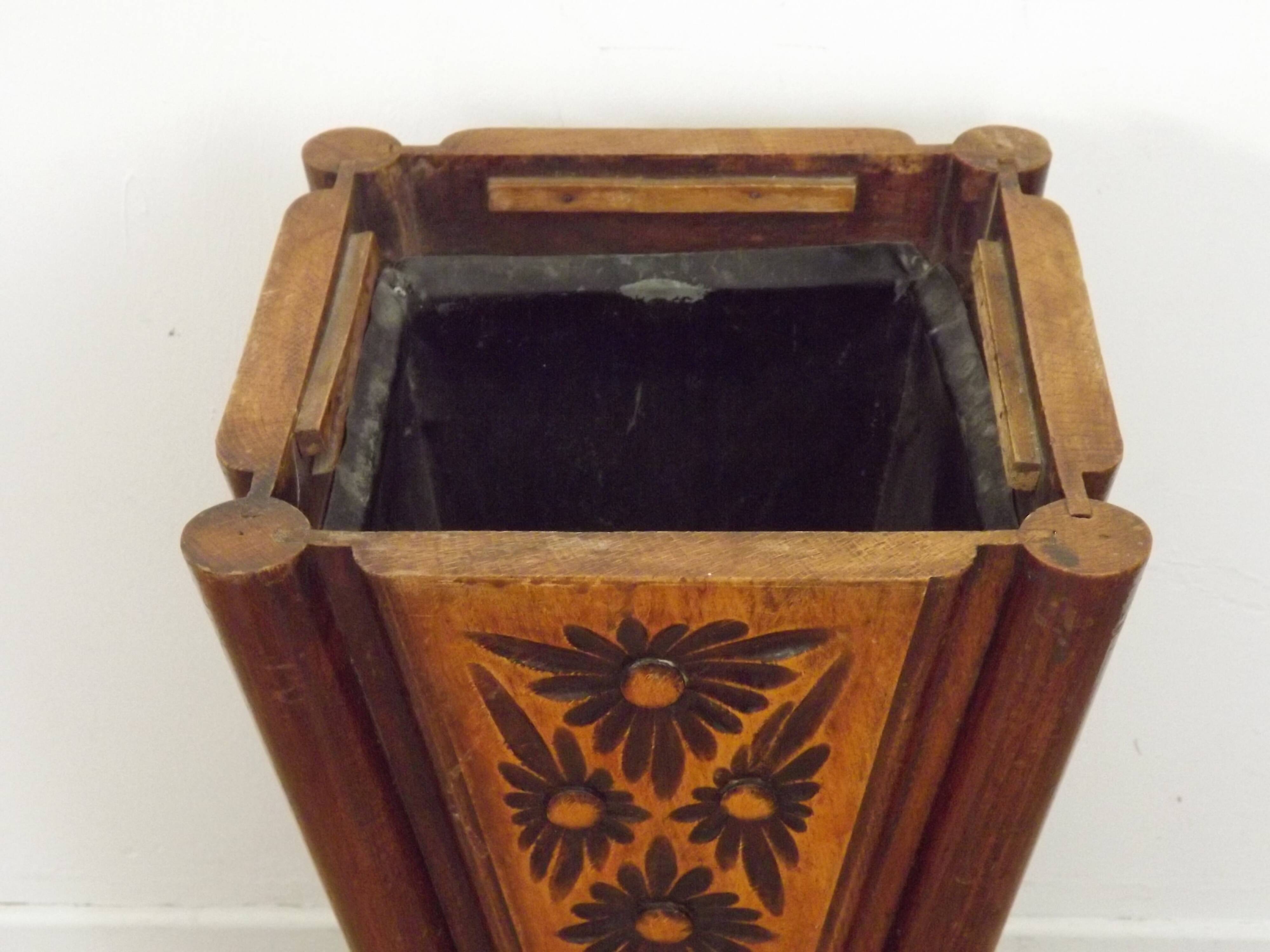 French antique oak tin-lined hand-carved umbrella stand with flower decoration.