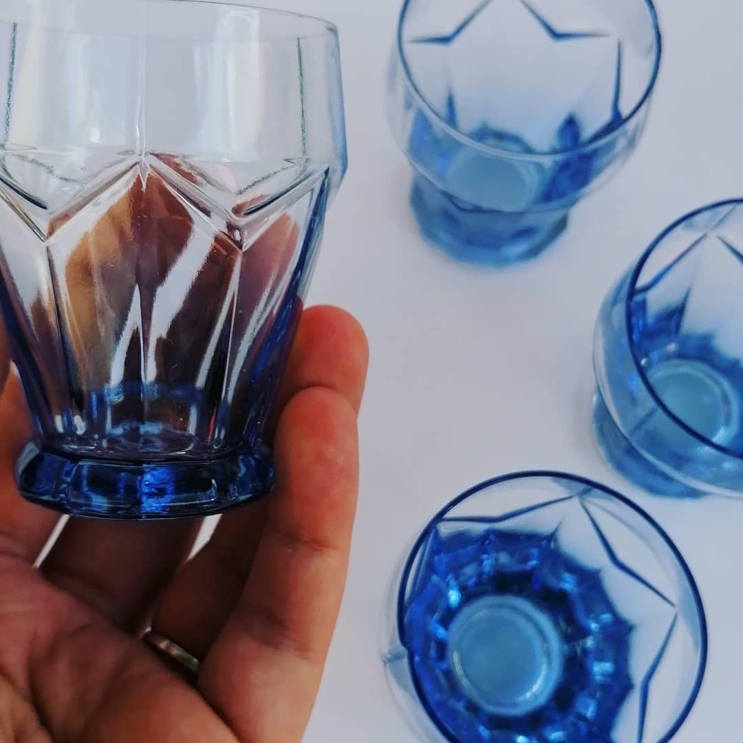 Old glacier blue glasses in faceted glass, vintage 60