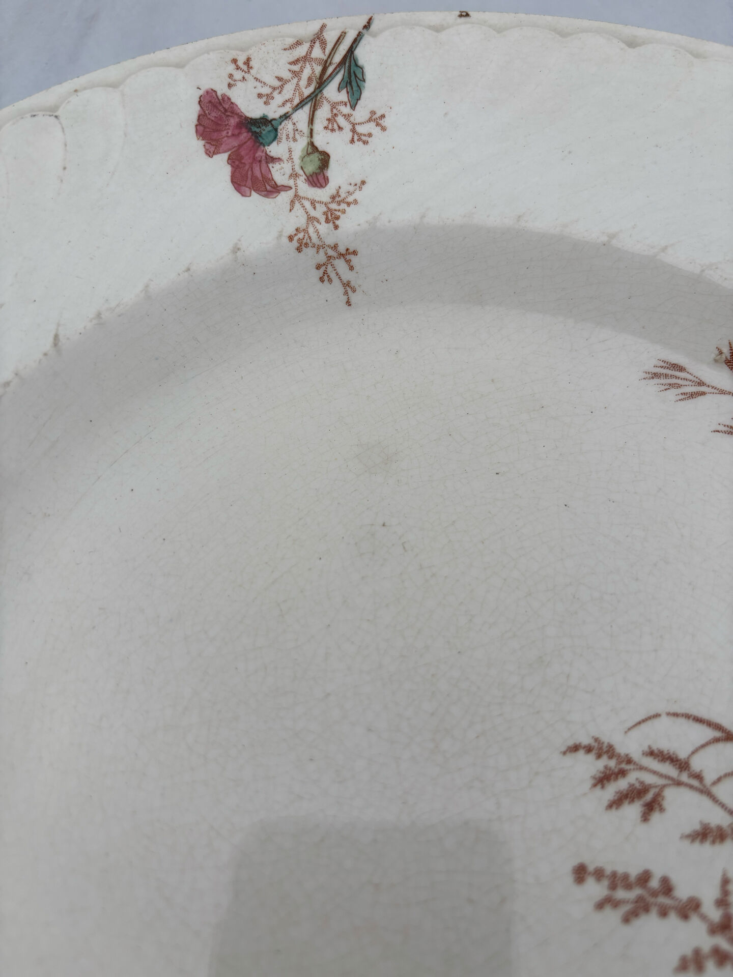 Old hollow plate, pink polychrome ironstone, KG Luneville model.