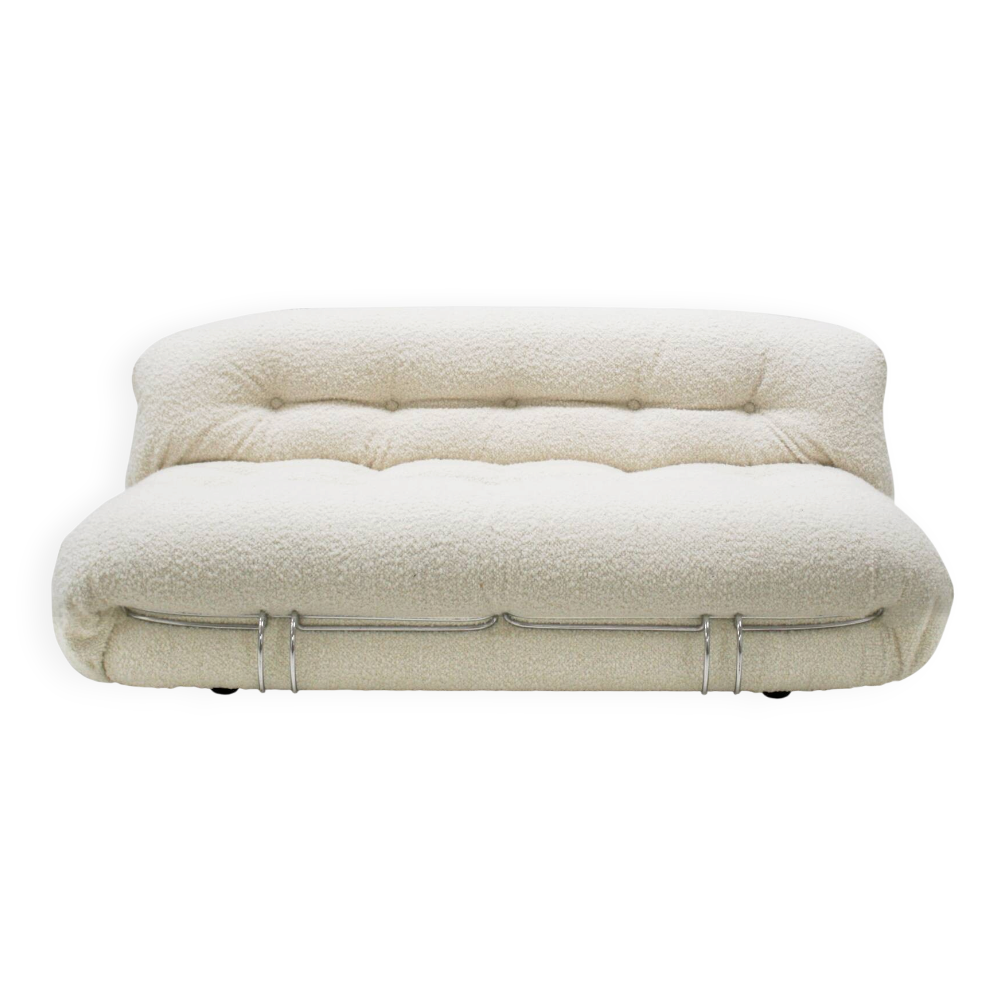 Mid-Century Modern Tobia Scarpa White Bouclé Wool Soriana Italian Sofa, 196