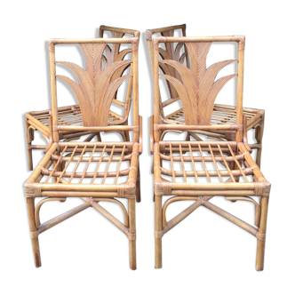 Set de 6 chaises bambou motif palmier 1970