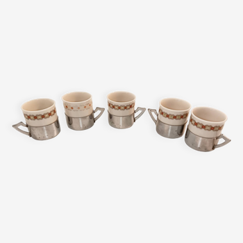 5 coffee cups, with metal support - Geometric frieze - Excelsior Porcelain 696