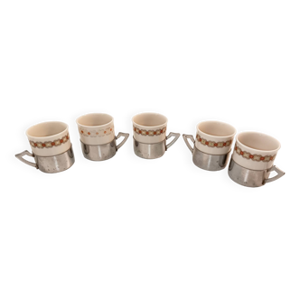 5 coffee cups, with metal support - Geometric frieze - Excelsior Porcelain 696