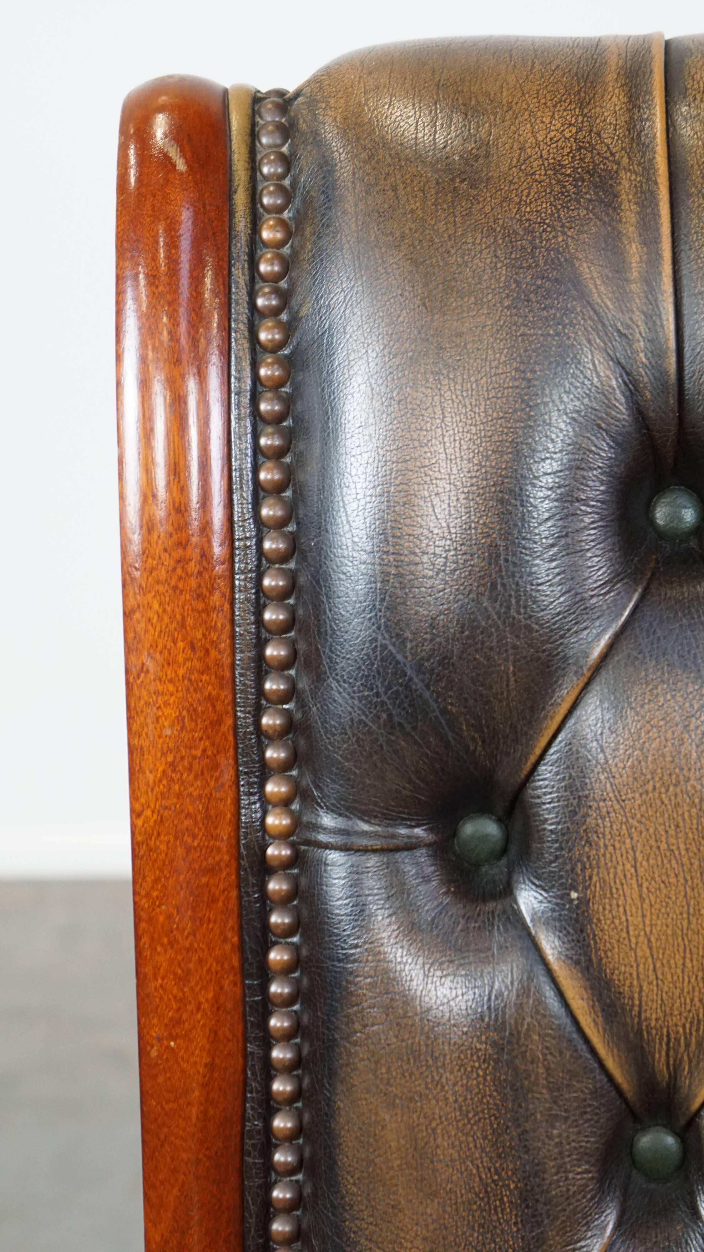 Green Vintage English Chesterfield Armchair with Wood Accents