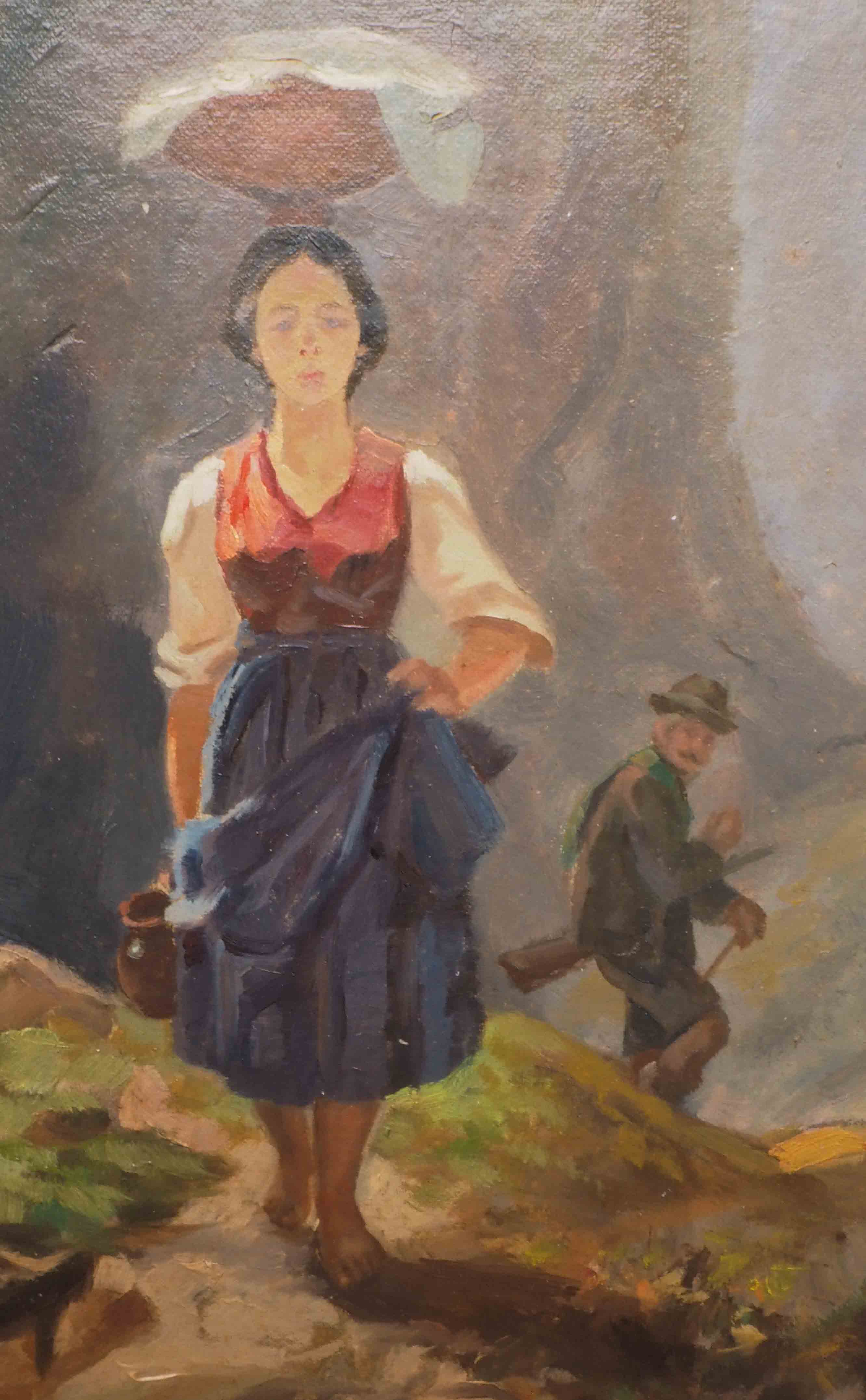 Tableau Scène de montagne avec personnages chasseur porteuse d'eau XIX°