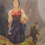 Painting Mountain scene with characters hunter carrying water XIX°
