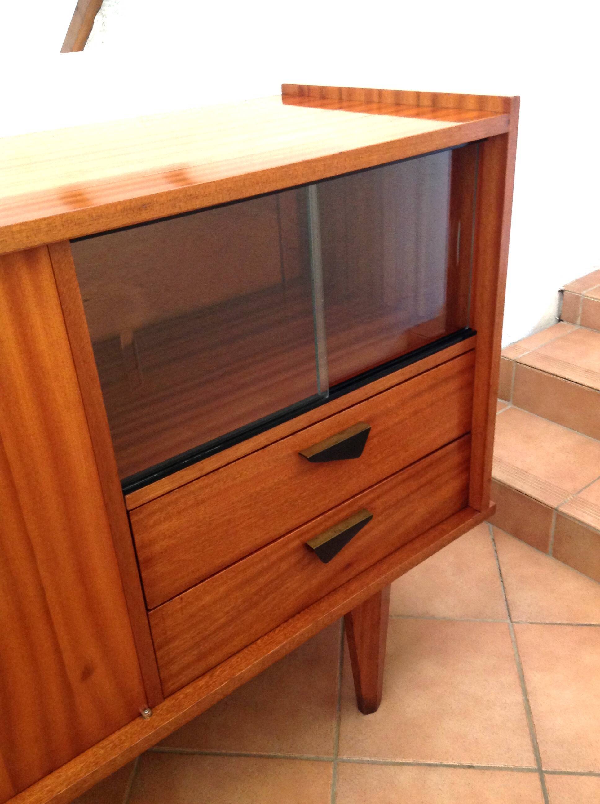 Varnished wooden sideboard with glass storage / vintage 60s-70s