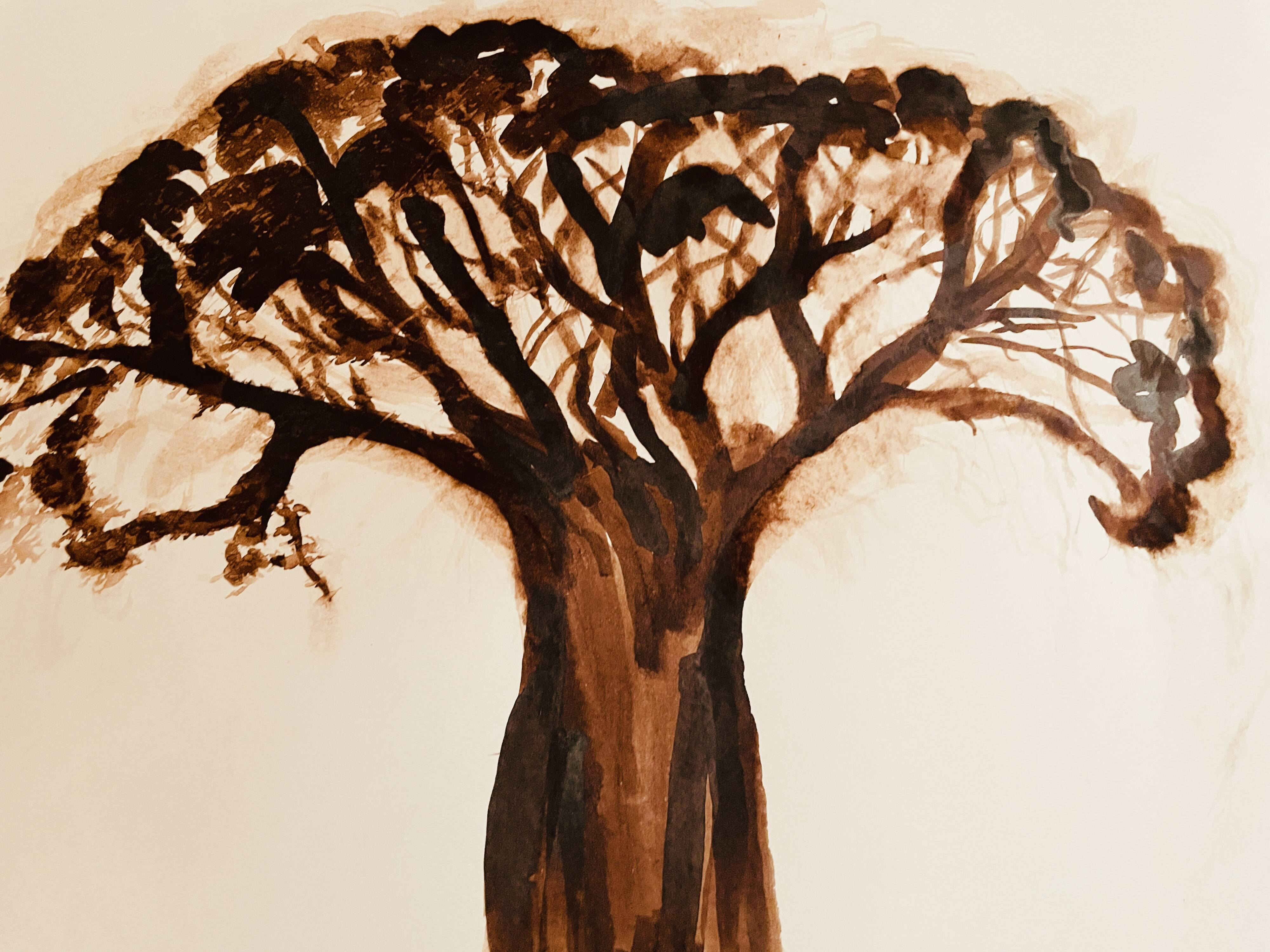 Signed monochrome watercolour painting of a baobab tree, South Africa.
