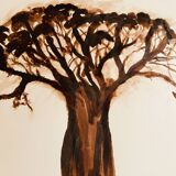Signed monochrome watercolour painting of a baobab tree, South Africa.