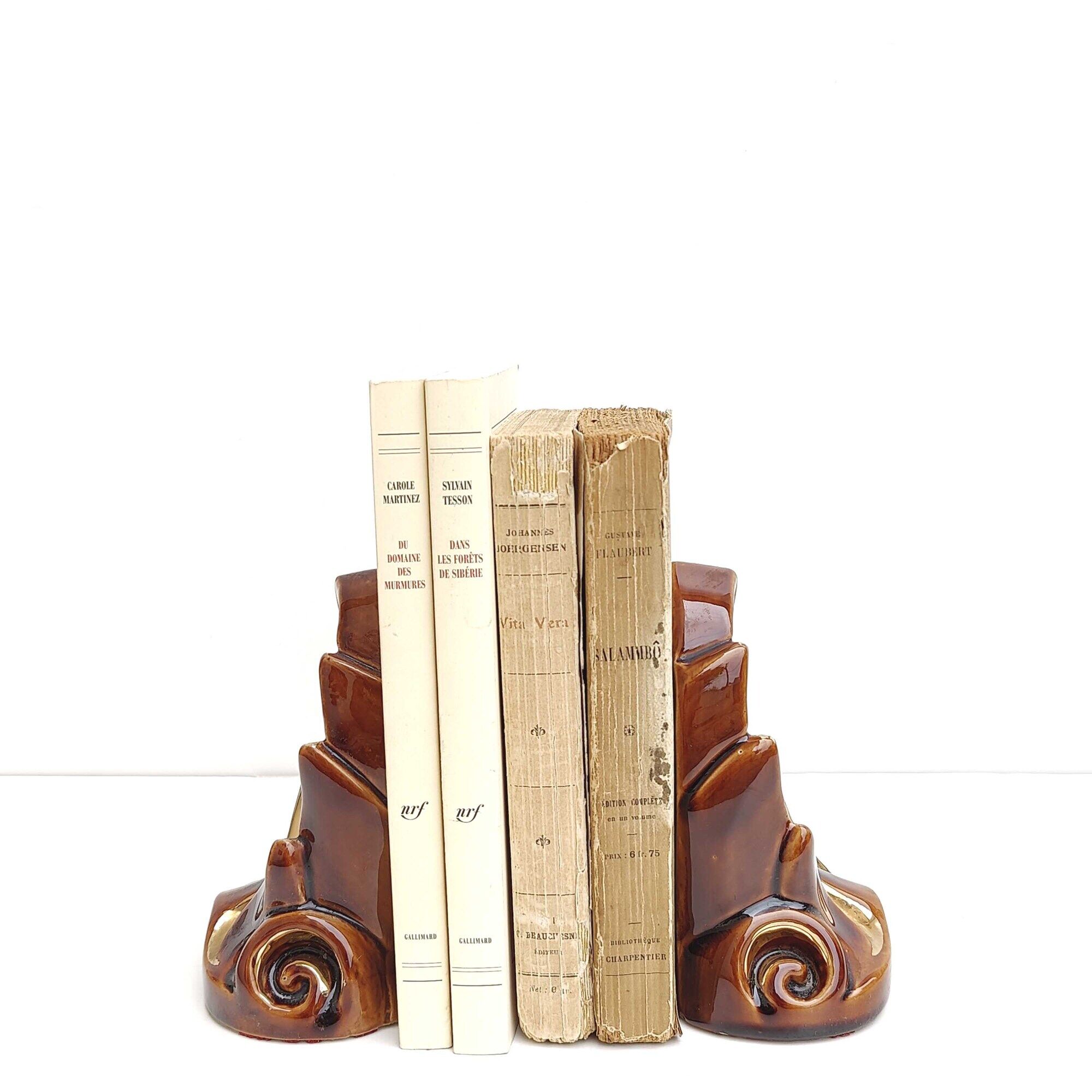 Paire serre livres céramique feuilles art déco