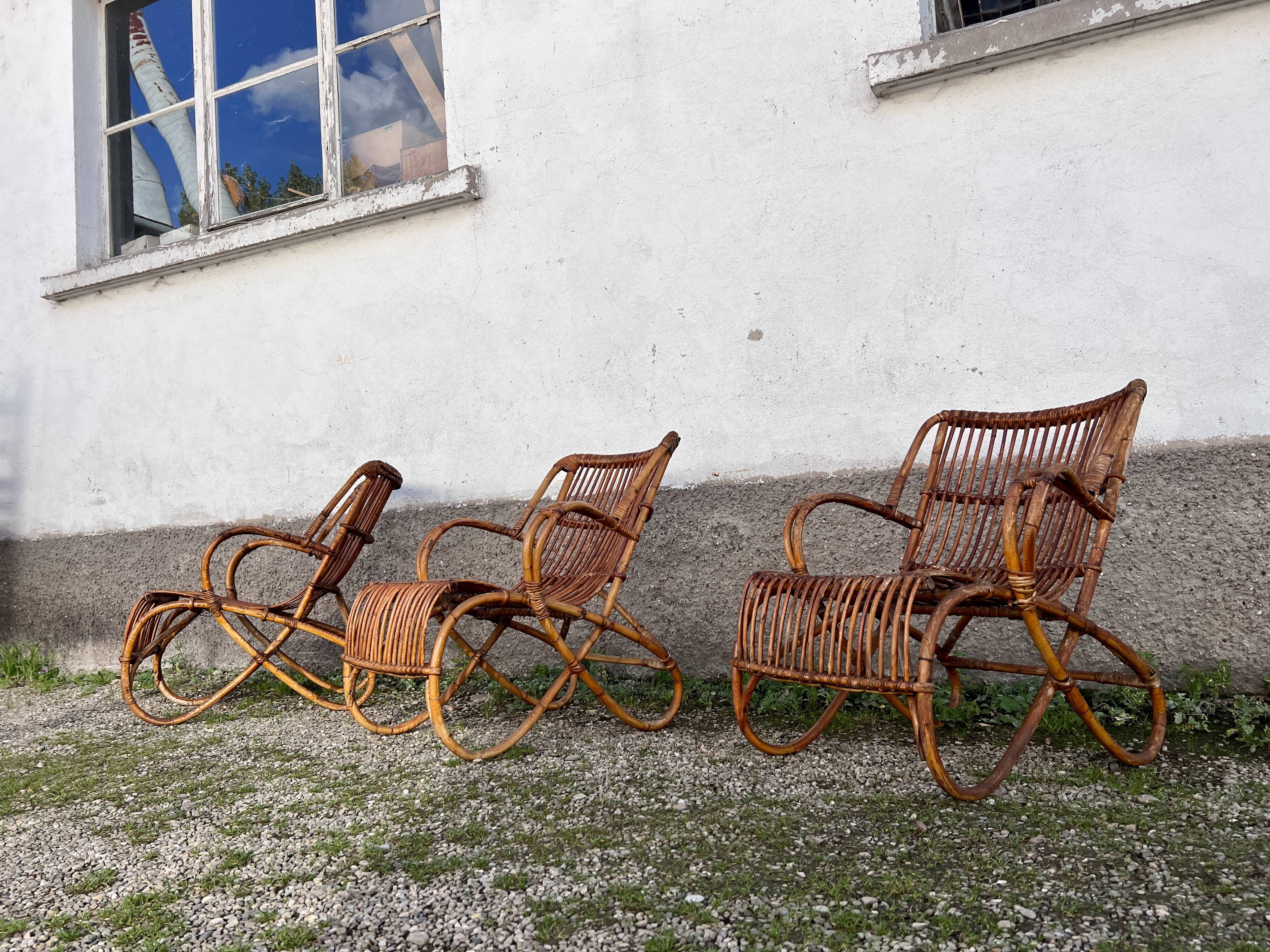 Trio de 3 fauteuils chaises rotin bambou vintage 1950