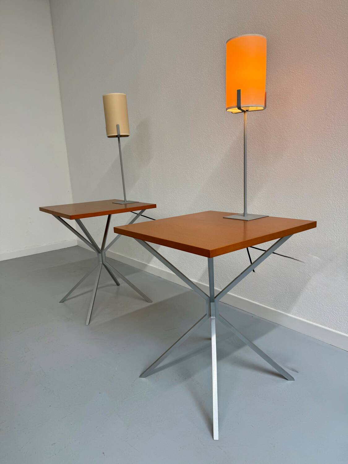 Side table / bedside table with designer lighting, Ligne Roset metal and wood