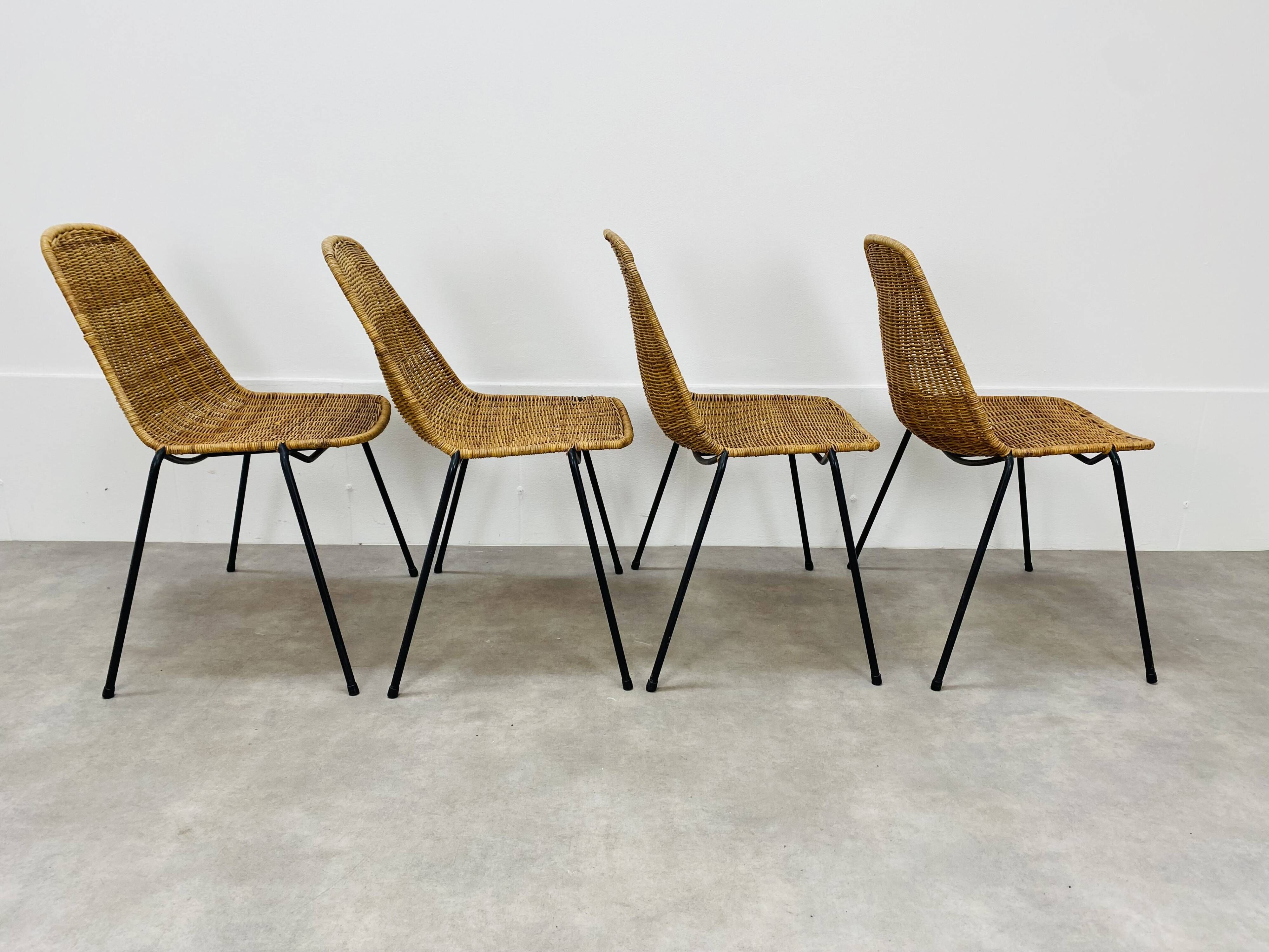4 chairs Gianfranco Legler model Rattan basketball and metal 50s