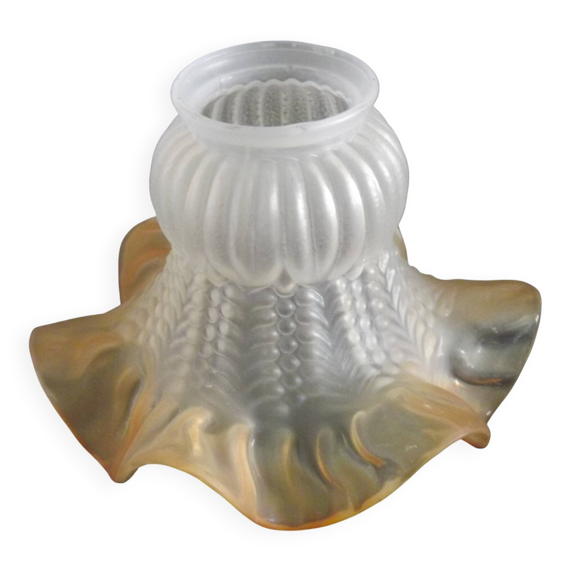 Vintage French Opaque White Glass Replacement Shade with Frilled Amber Edge