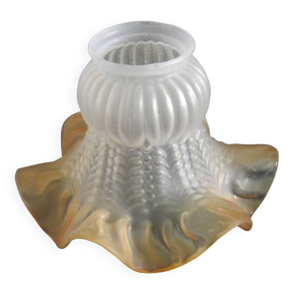 Vintage French Opaque White Glass Replacement Shade with Frilled Amber Edge