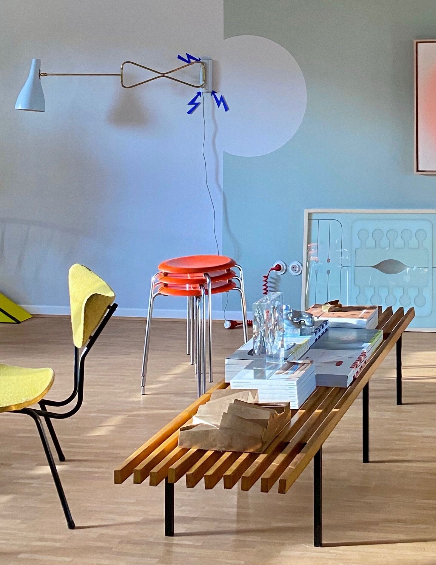 Original 1950s light blue & brass metal Swing Wall Light Made by Cosack, Germany