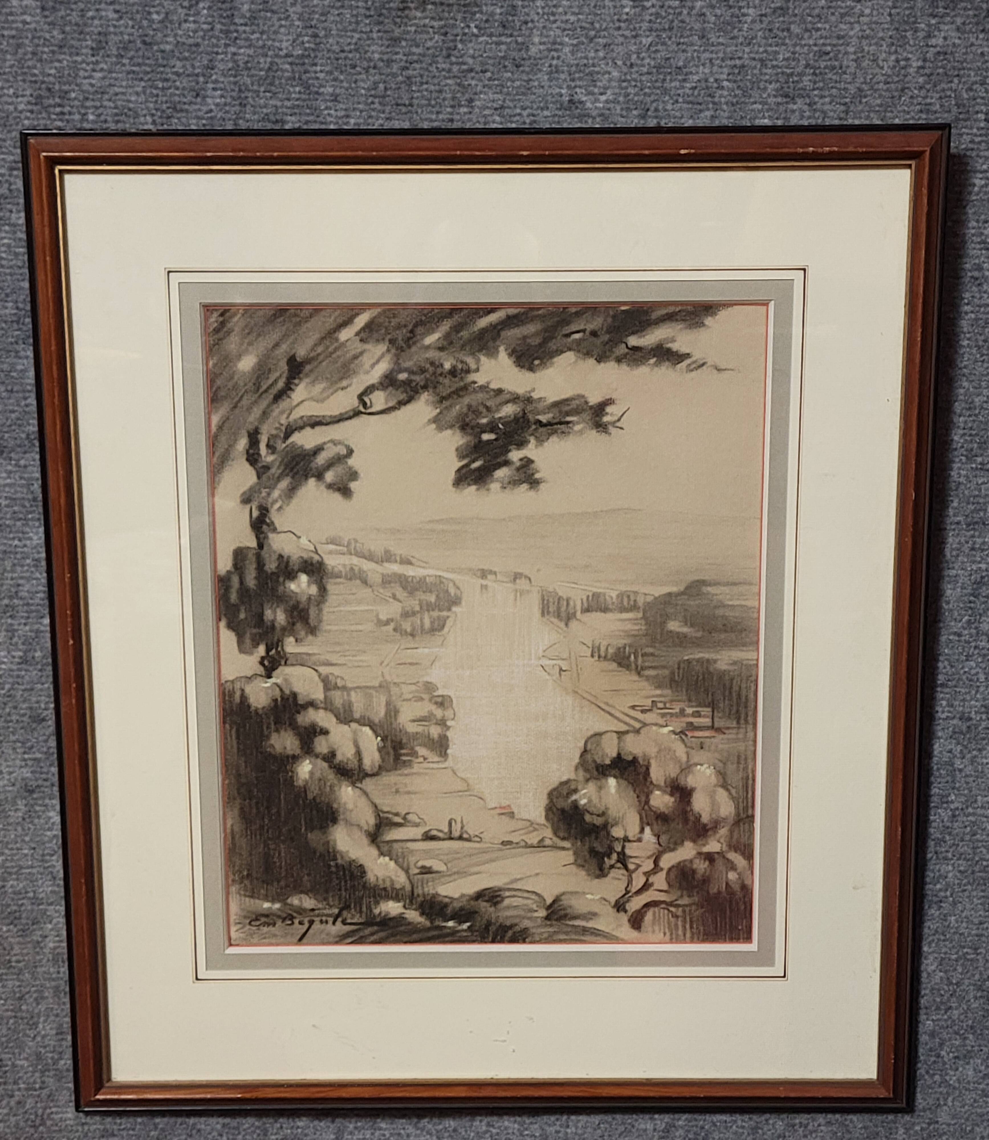 A very beautiful old drawing depicting a hilly landscape rendered in graphite.