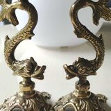 Pair of neoclassical torchlight candlesticks, koi carp, feng shui. in gilded bronze
