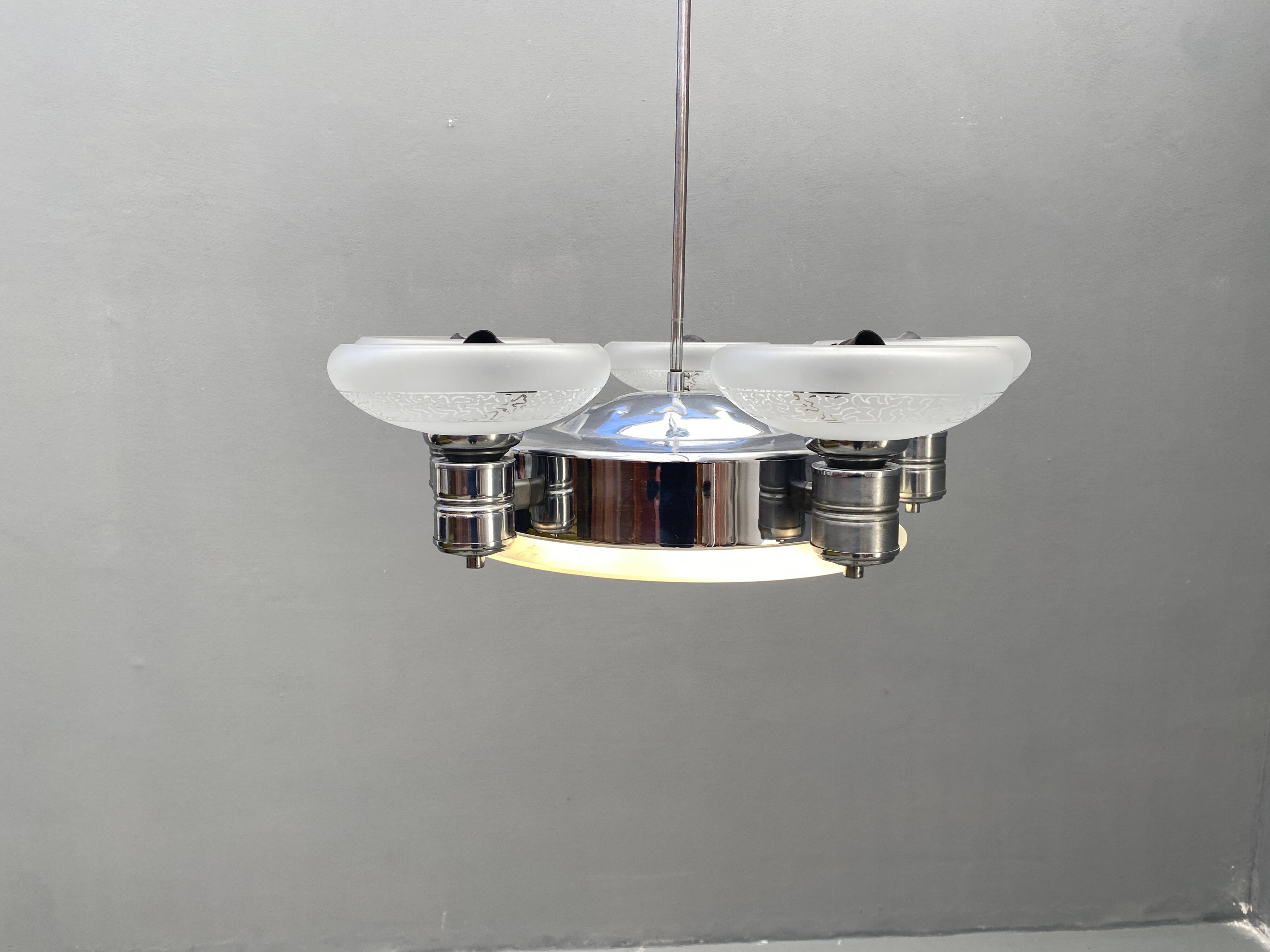 Art Deco Chrome Chandelier with Glass Bowl Shades