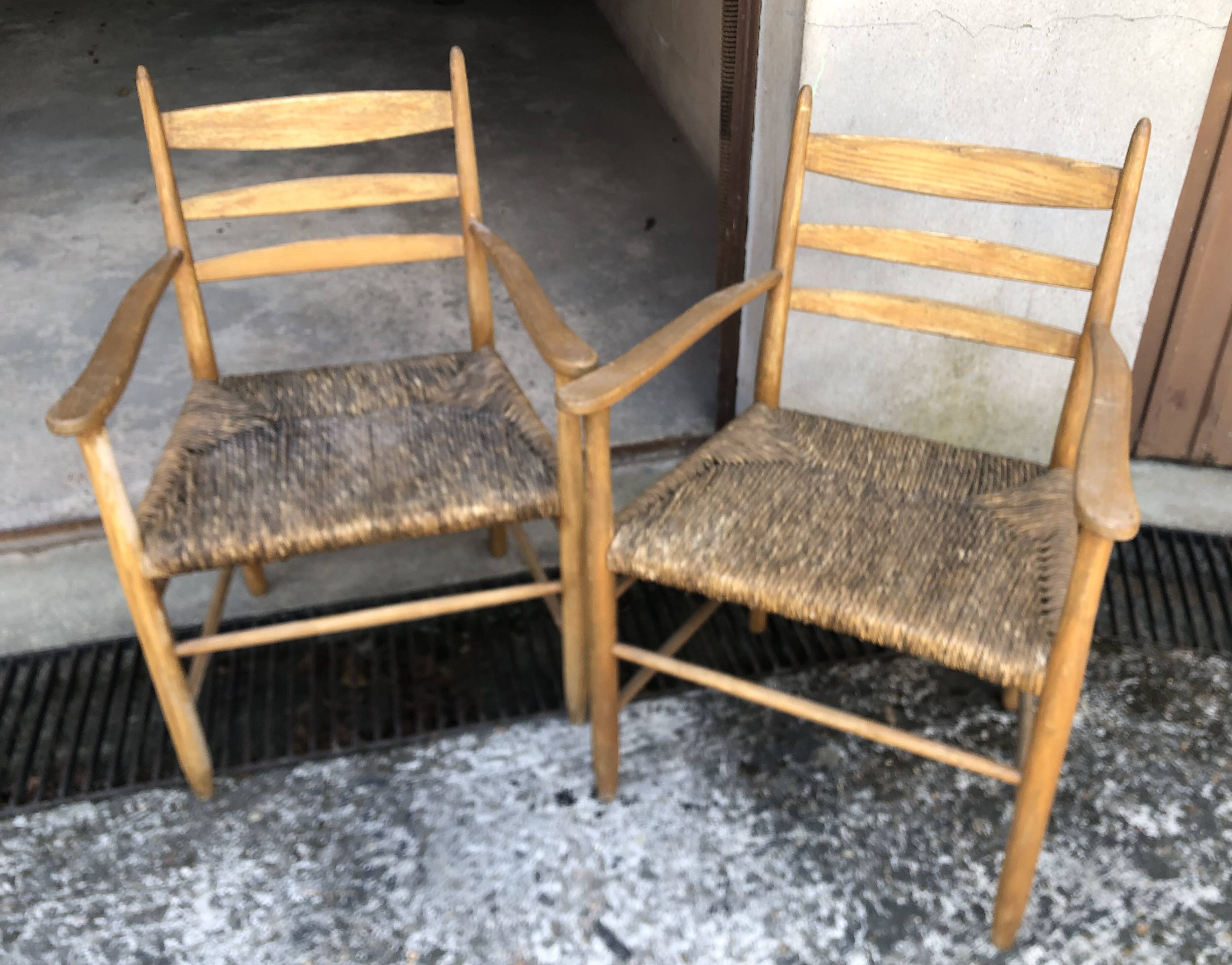 Fauteuils bois clair corde paille vintage Années 60