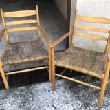 Vintage 60s light wood and straw rope armchairs