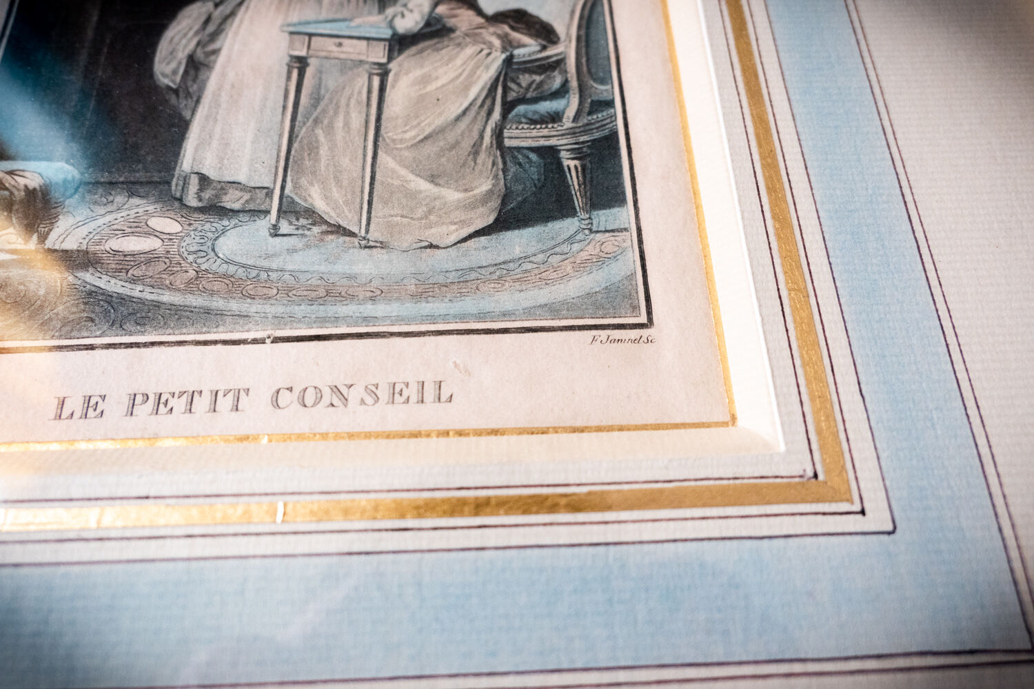 Gravure encadrée "Le petit conseil" par Janinet