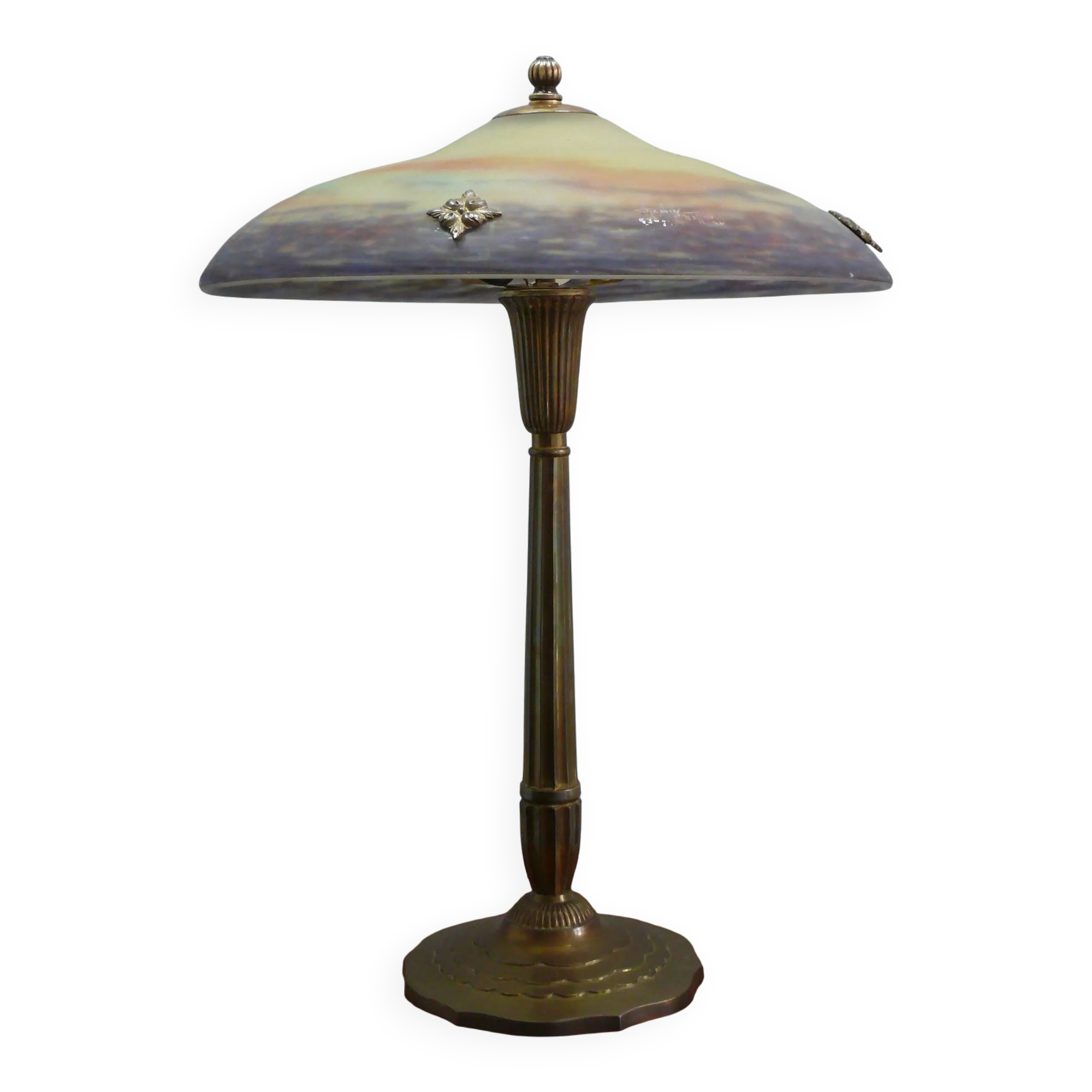 Lampe de table Muller Frères, France, avec pied en laiton et abat-jour en pâte de verre, style Art déco vers 1930