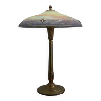 Lampe de table Muller Frères, France, avec pied en laiton et abat-jour en pâte de verre, style Art déco vers 1930