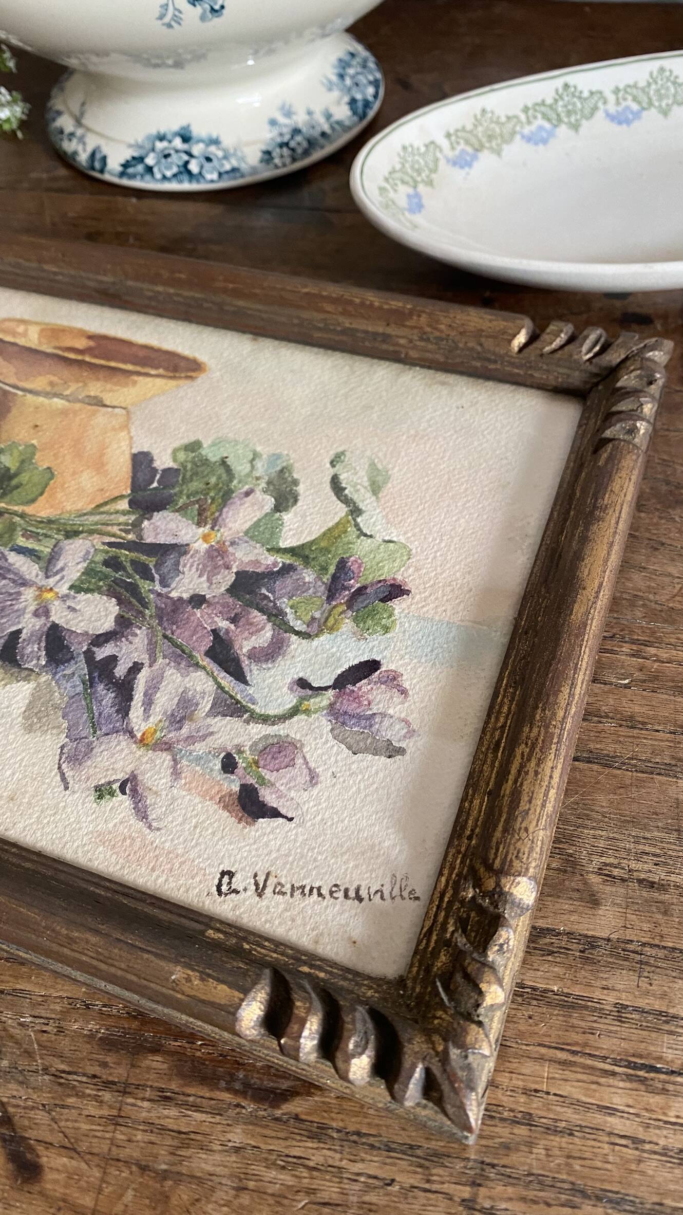 Peinture ancienne bouquet de fleurs, nature morte aquarelle violettes