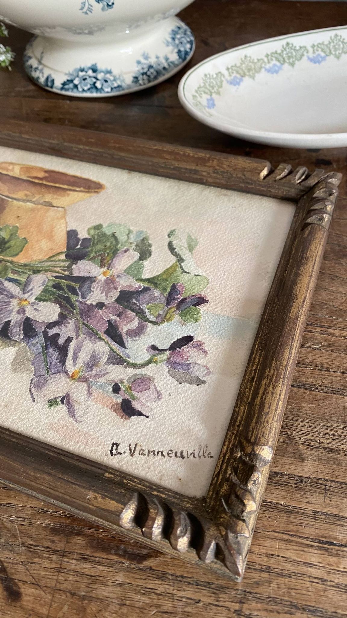 Old painting bouquet of flowers, still life watercolour violets