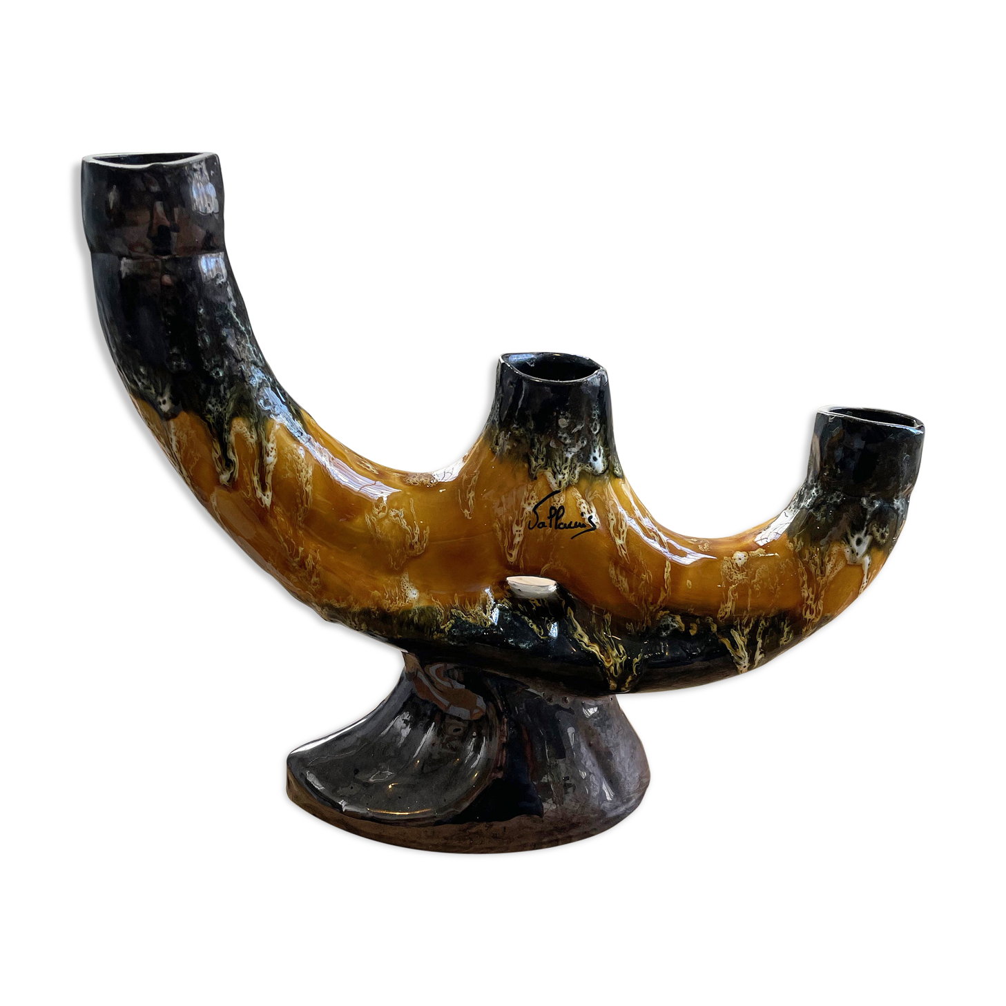 Vallauris black yellow ceramic candlestick